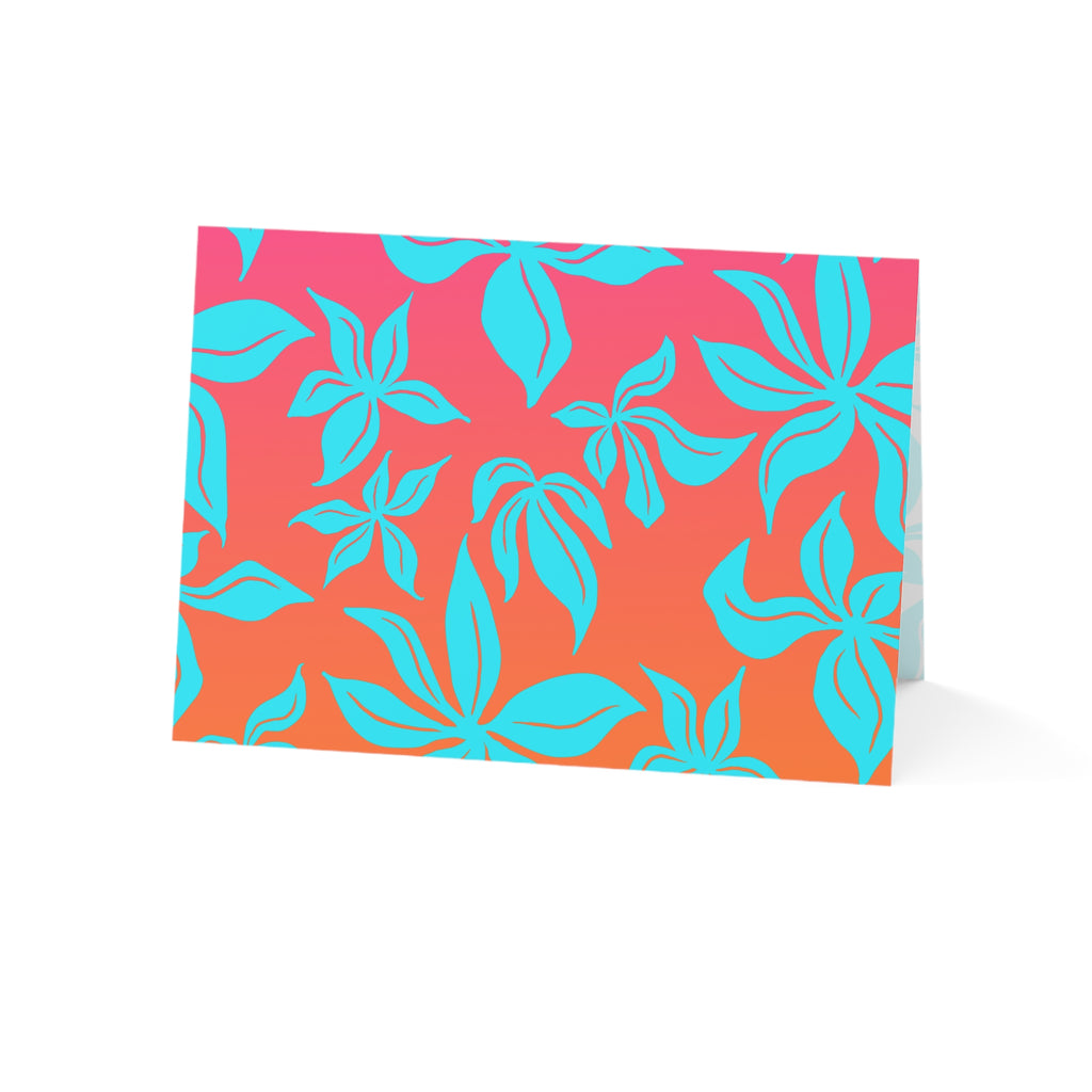 Tropical Floral Greeting Cards — Bright Teal Flowers on Pink-Orange Gradient (Pack of 1/10/30/50)