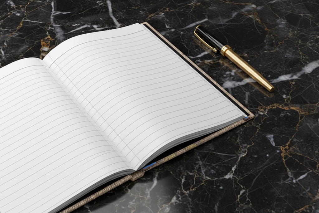 Open notebook with lined pages on a black background