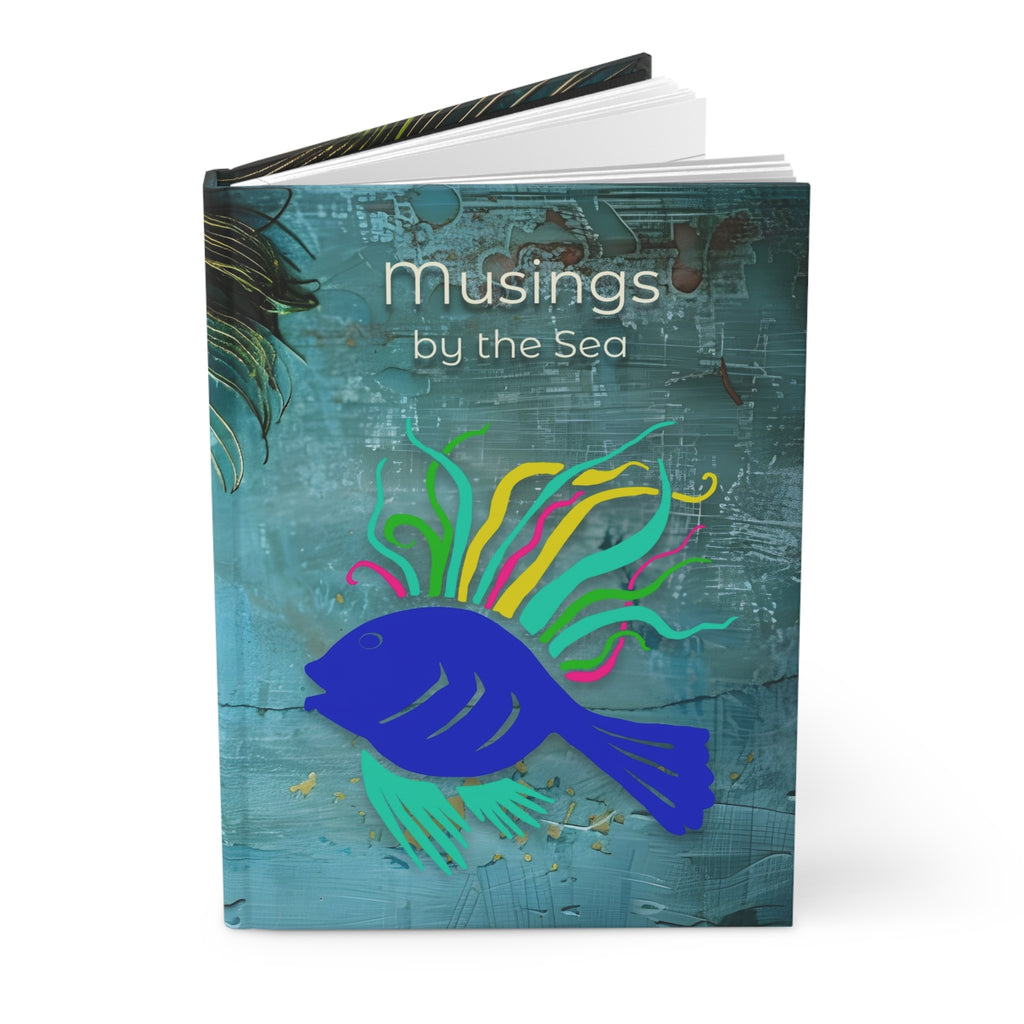 Musings by the Sea Hardcover Journal — Ocean Blue Peacock Feather Notebook for Beach Writing & Travel Notes