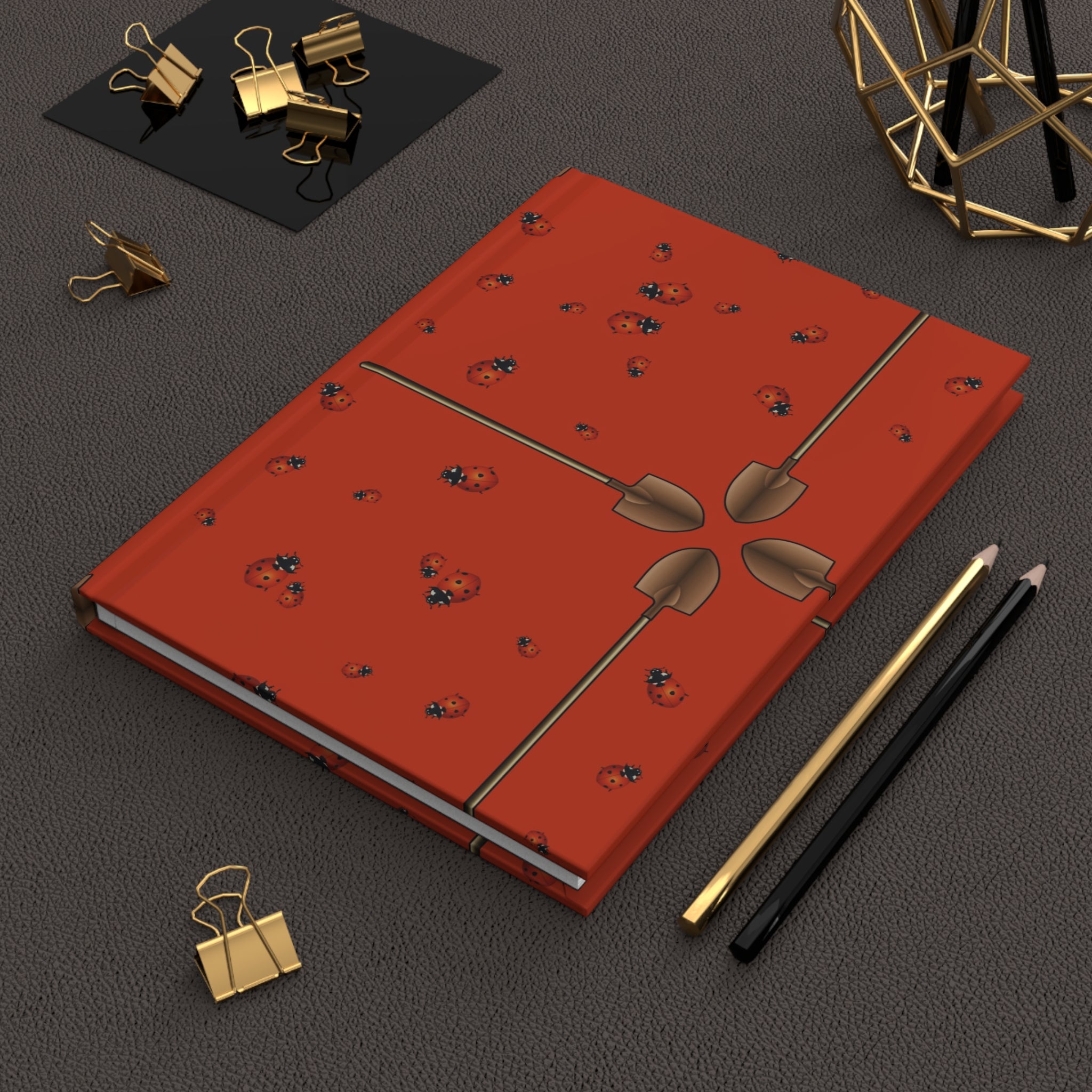 Ladybug Pattern Hardcover Journal — Red Floral Dotted Notebook