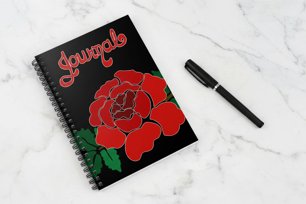 Rose Journal Black — Spiral Ruled Notebook with Red Floral Cover