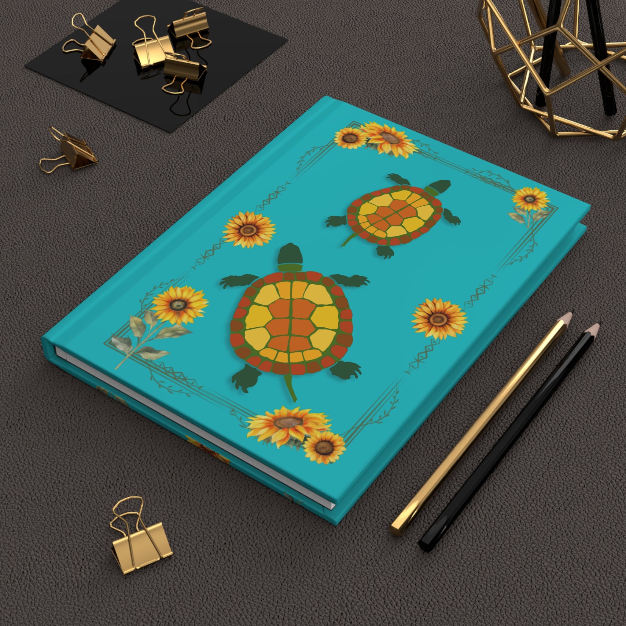 Turtle & Sunflower Hardcover Journal — Bright Teal Notebook for Nature Lovers, Travel Diary & Daily Planner