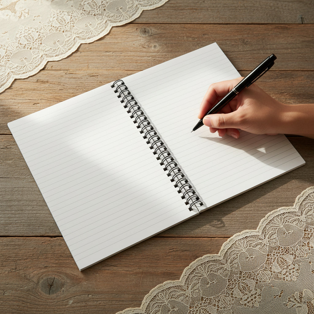 Open spiral-bound notebook on a wood table.