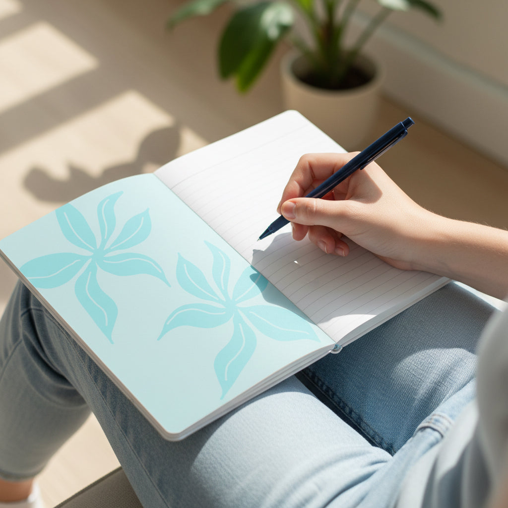 Open notebook with blue floral design on one page and lined white page in girl's lap.