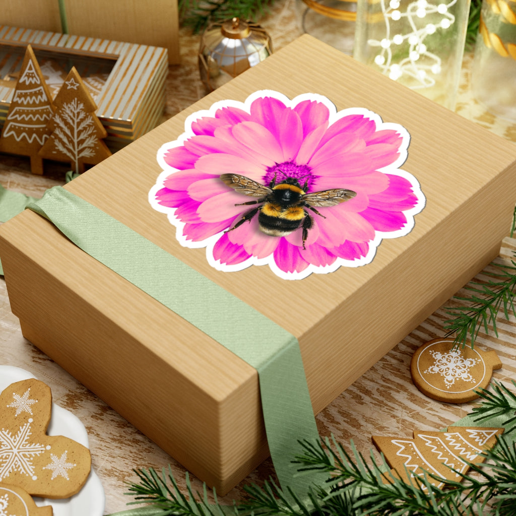 Bumblebee on Pink Daisy Sticker — Kiss-Cut Floral Bee Decal