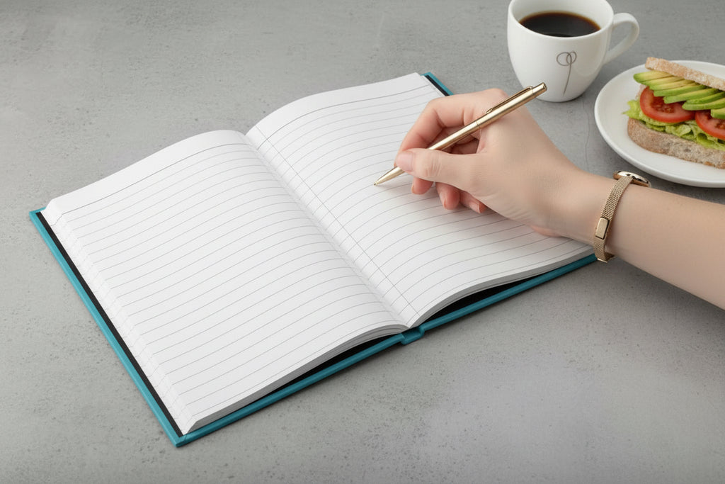 Open notebook with lined pages on a cement countertop