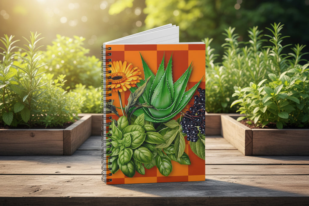 Notebook with a colorful cover featuring green and flowering herbs on colorful rust and orange checkerboard set in a herb garden.
