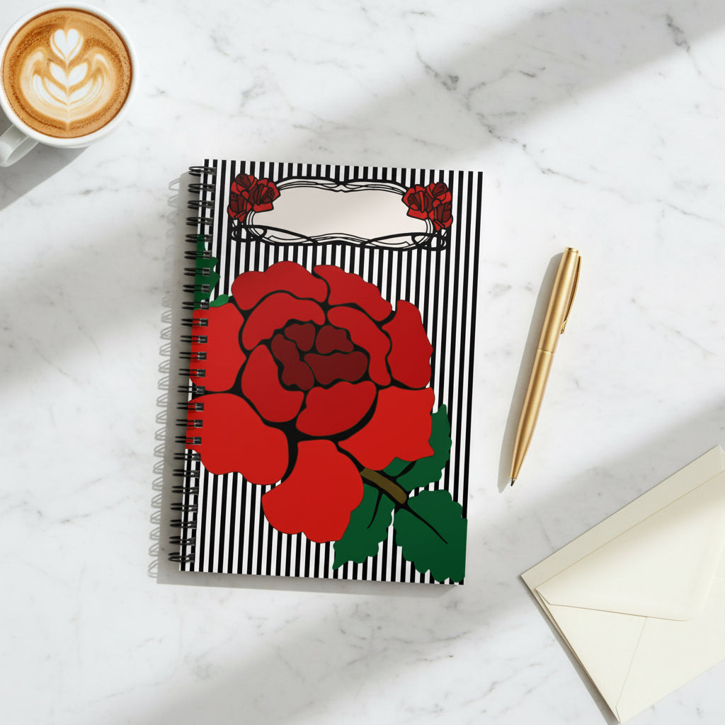Notebook with red rose design on a black and white striped background