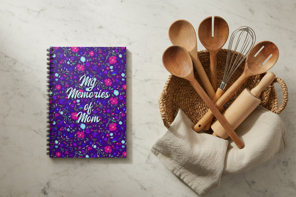 Notebook with floral design and 'My Memories of Mom' text on a purple background on kitchen counter. 