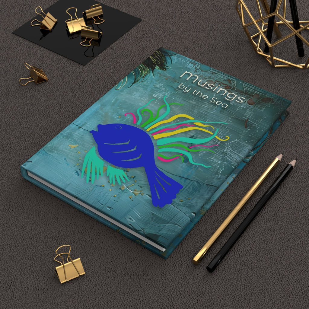 Musings by the Sea Hardcover Journal — Ocean Blue Peacock Feather Notebook for Beach Writing & Travel Notes