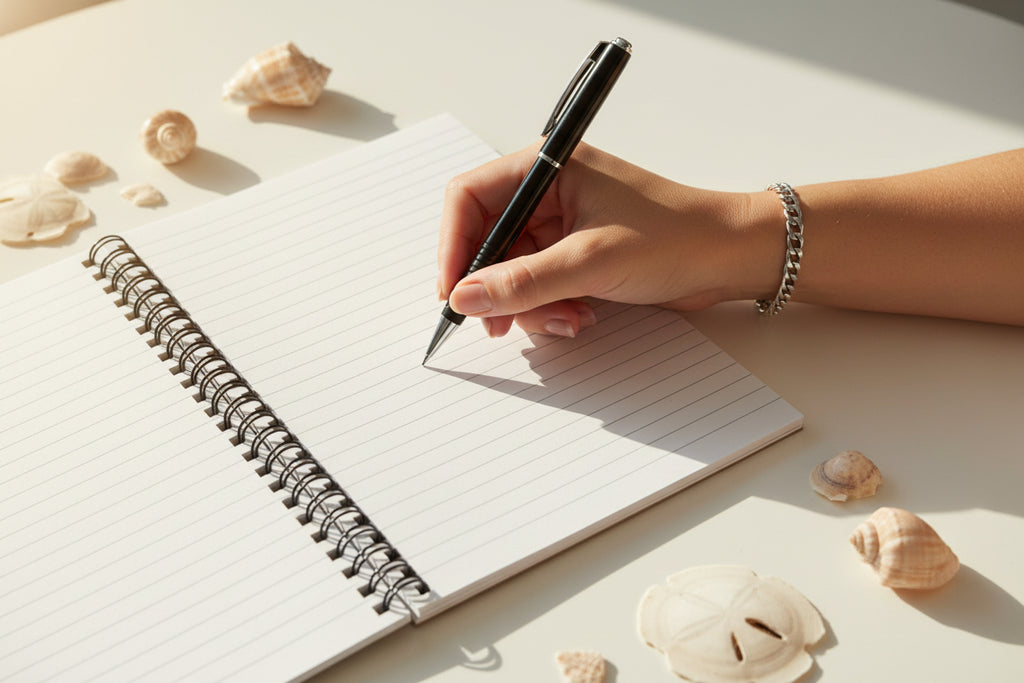 Open spiral-bound notebook with white lined pages and hand ready to write.