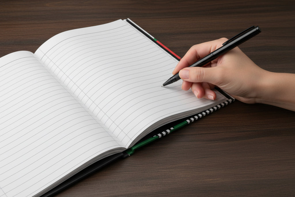 Open notebook with lined pages on a desktop.