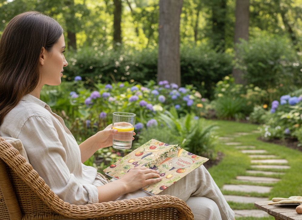 woman sitting with garden journal face down on her lap looking at lush greenery and blue flowering bushes