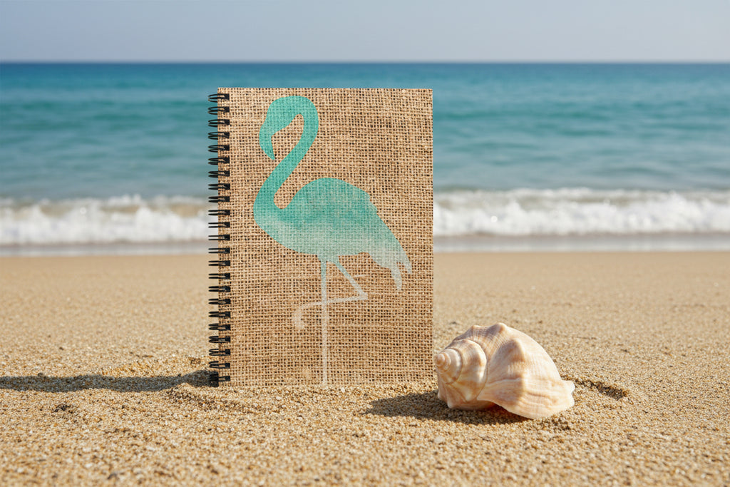 Notebook with a turquoise flamingo design on a burlap texture cover