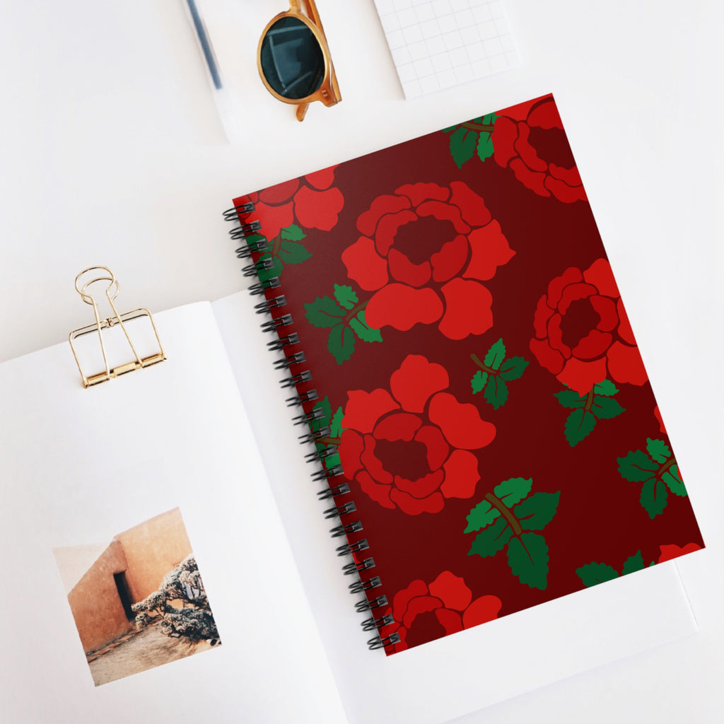 Red Rose Pattern Spiral Notebook — Ruled Journal for Notes & Gifts