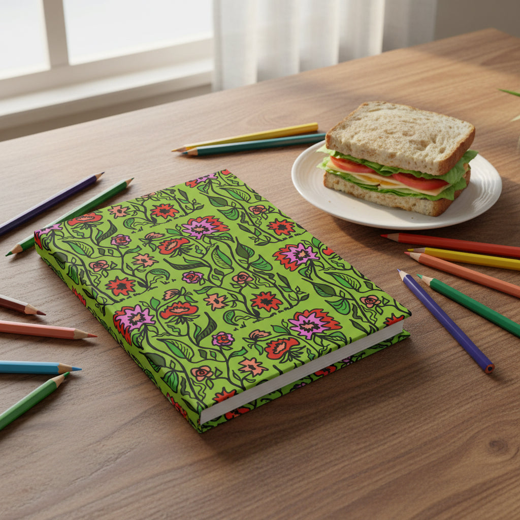 Floral patterned notebook on a green background, on desk with food and pencils.