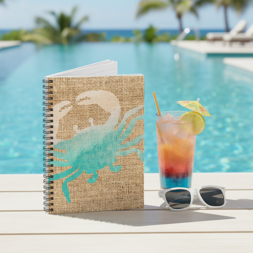 Notebook with a turquoise crab design on a burlap texture cover sitting on the deck by a pool.