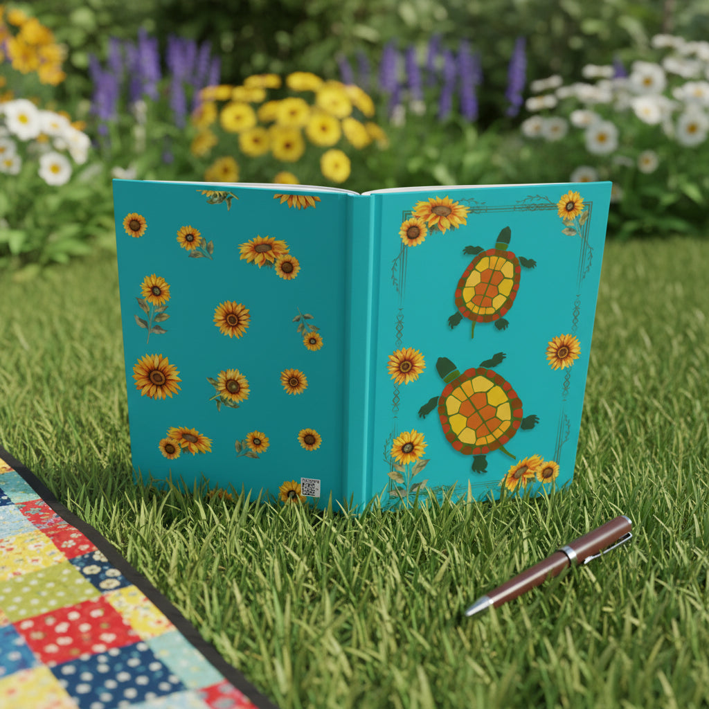 Open book with turtle and sunflower pattern on a turquoise background sitting in summer grass.