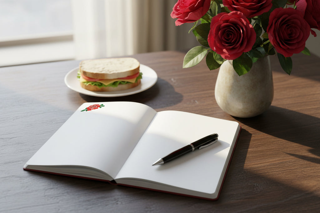 open rose journal with blank pages and tiny rose illustration in the upper corner.
