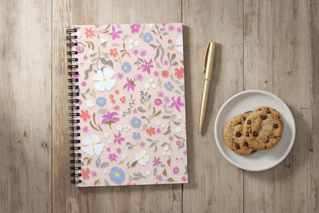 Notebook with floral pattern on a pink background on a wood background with pen and cookies.