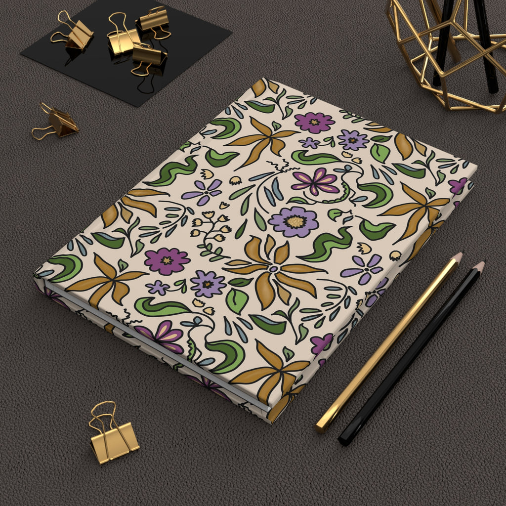 Gold Flowers Pattern Hardcover Journal — Vintage Botanical Notebook