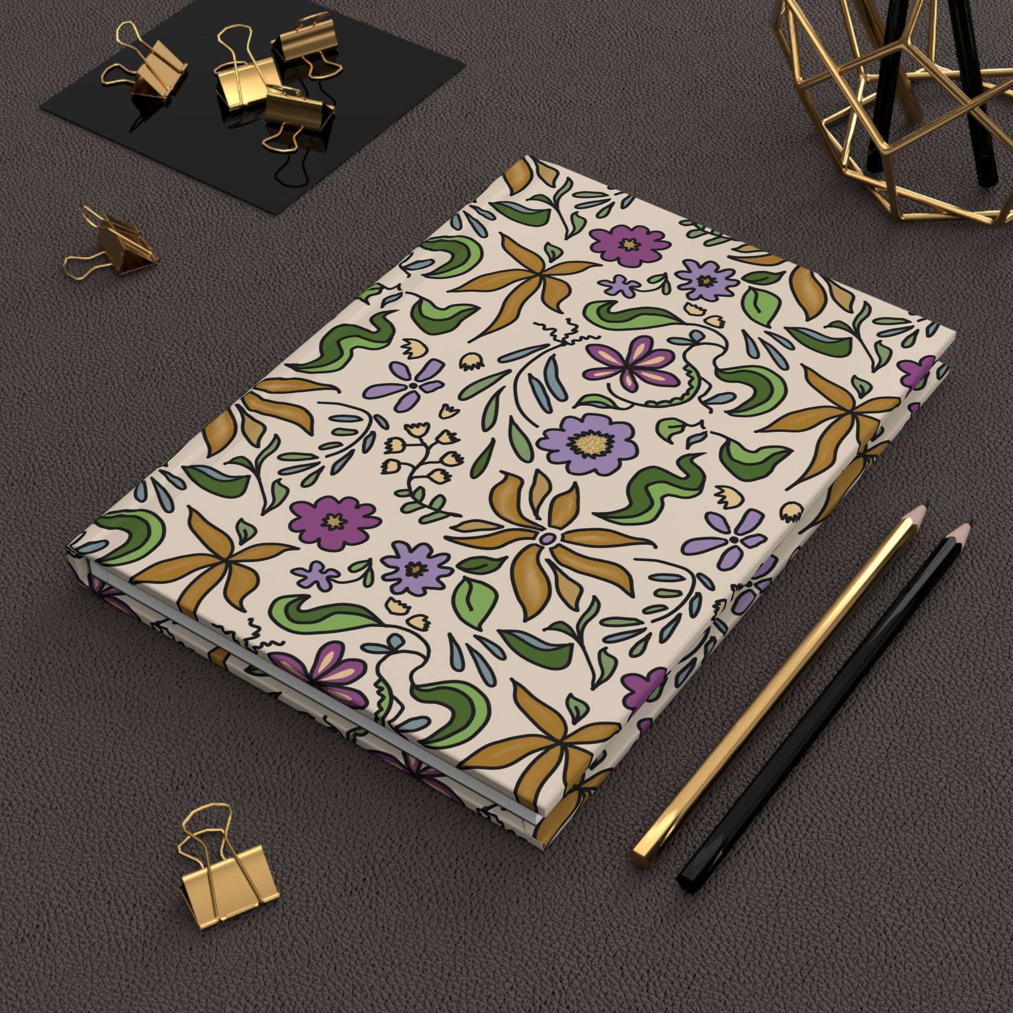Gold Flowers Pattern Hardcover Journal — Vintage Botanical Notebook