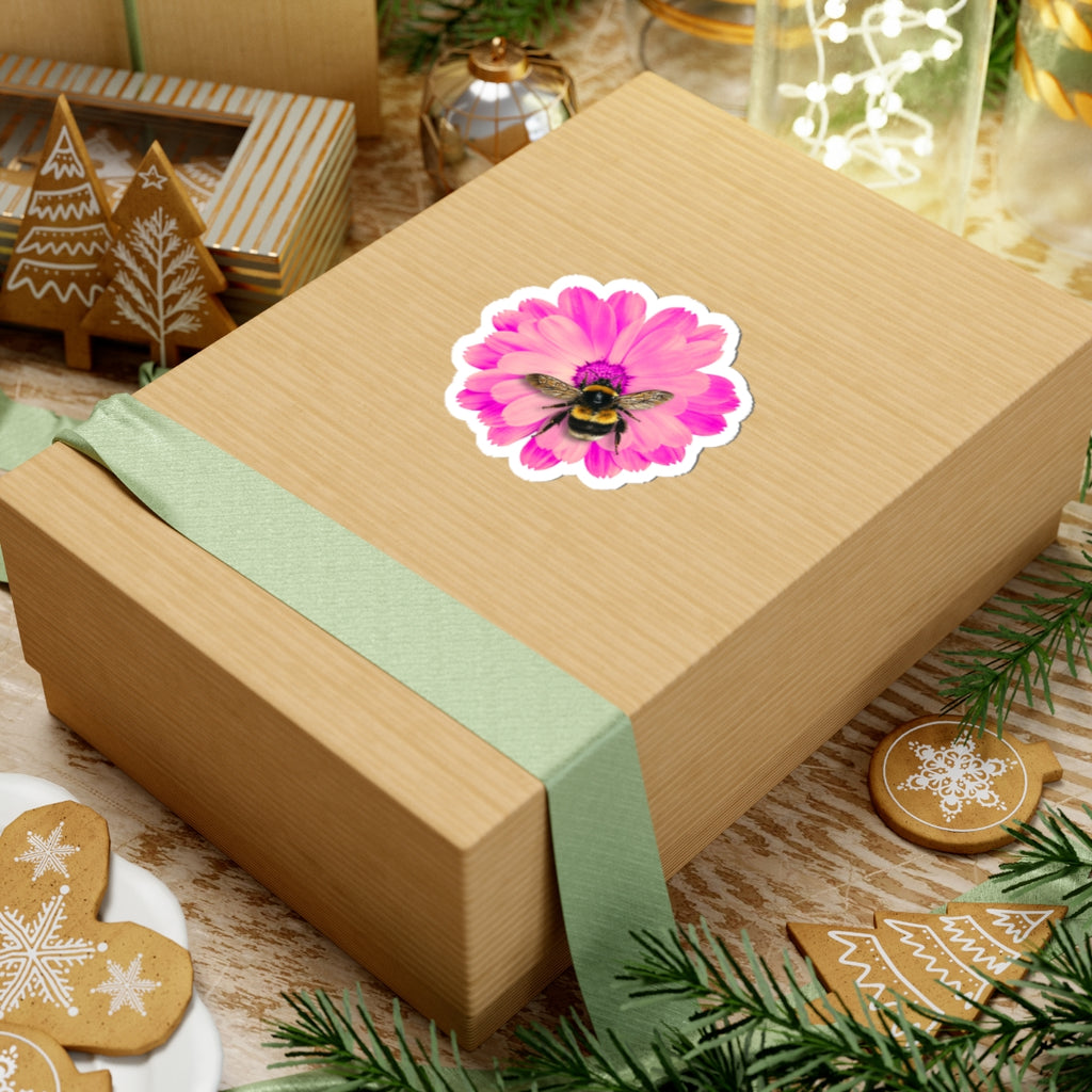 Bumblebee on Pink Daisy Sticker — Kiss-Cut Floral Bee Decal