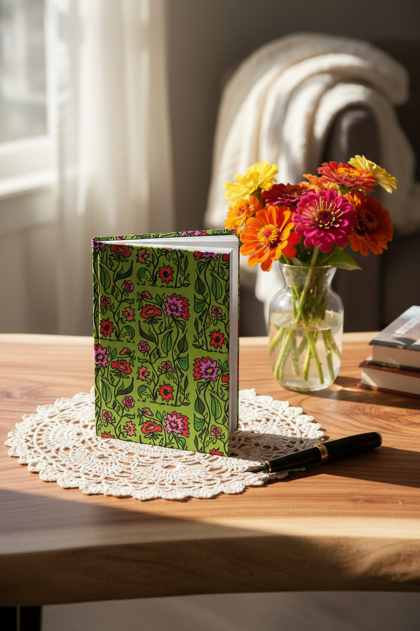 Green notebook with hand drawn flowers and leaves standing on a table in the sun.