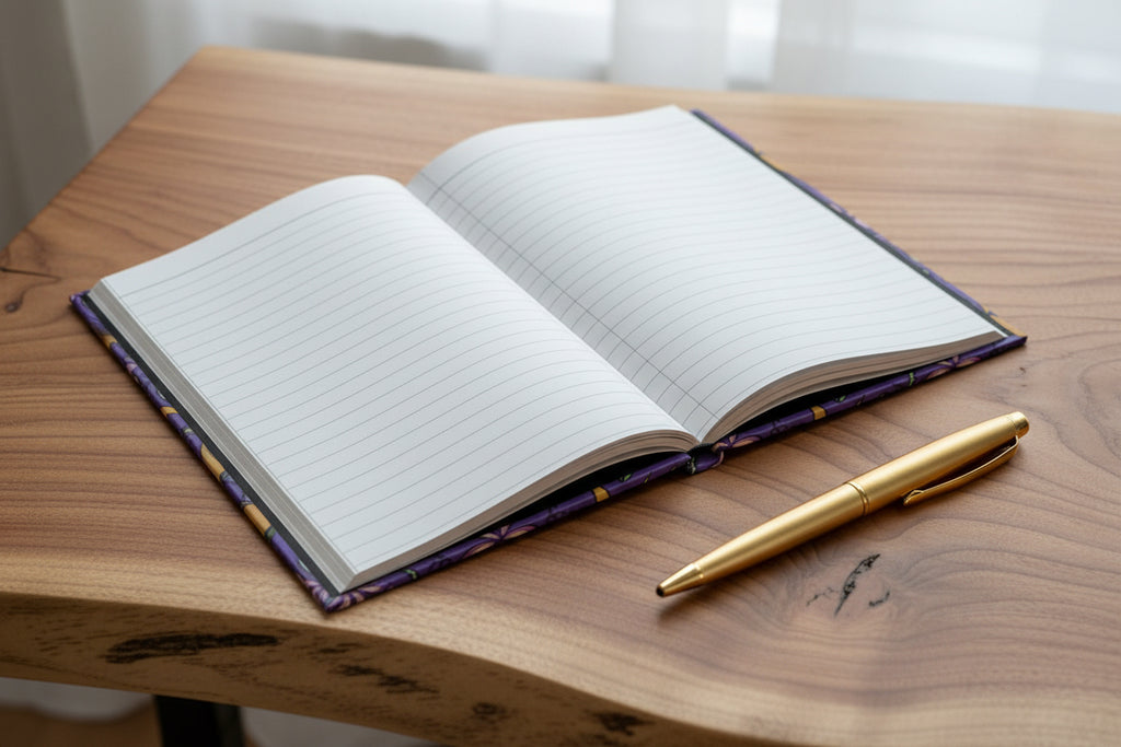 Open notebook with lined pages on a wood table background