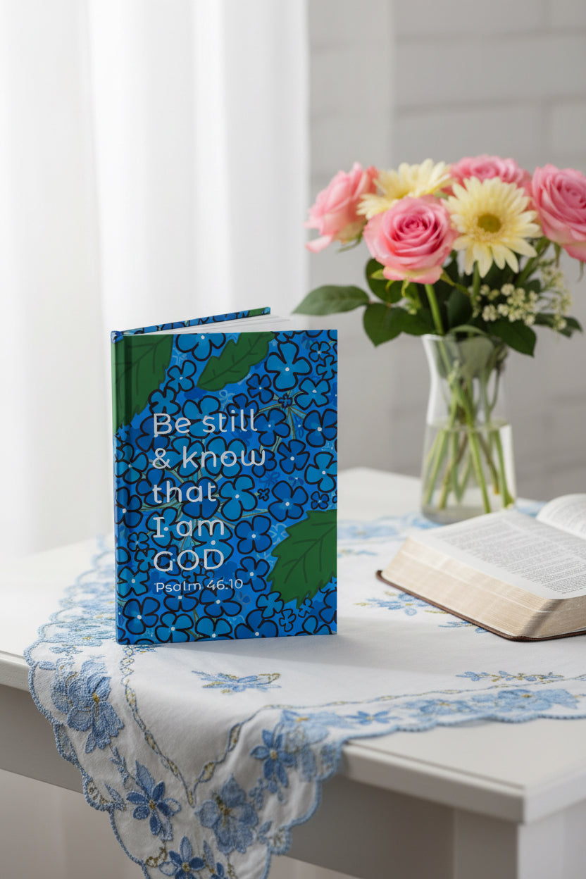 Scripture journal with blue flowers illustration and text, Be still and know that I am God, on the front.