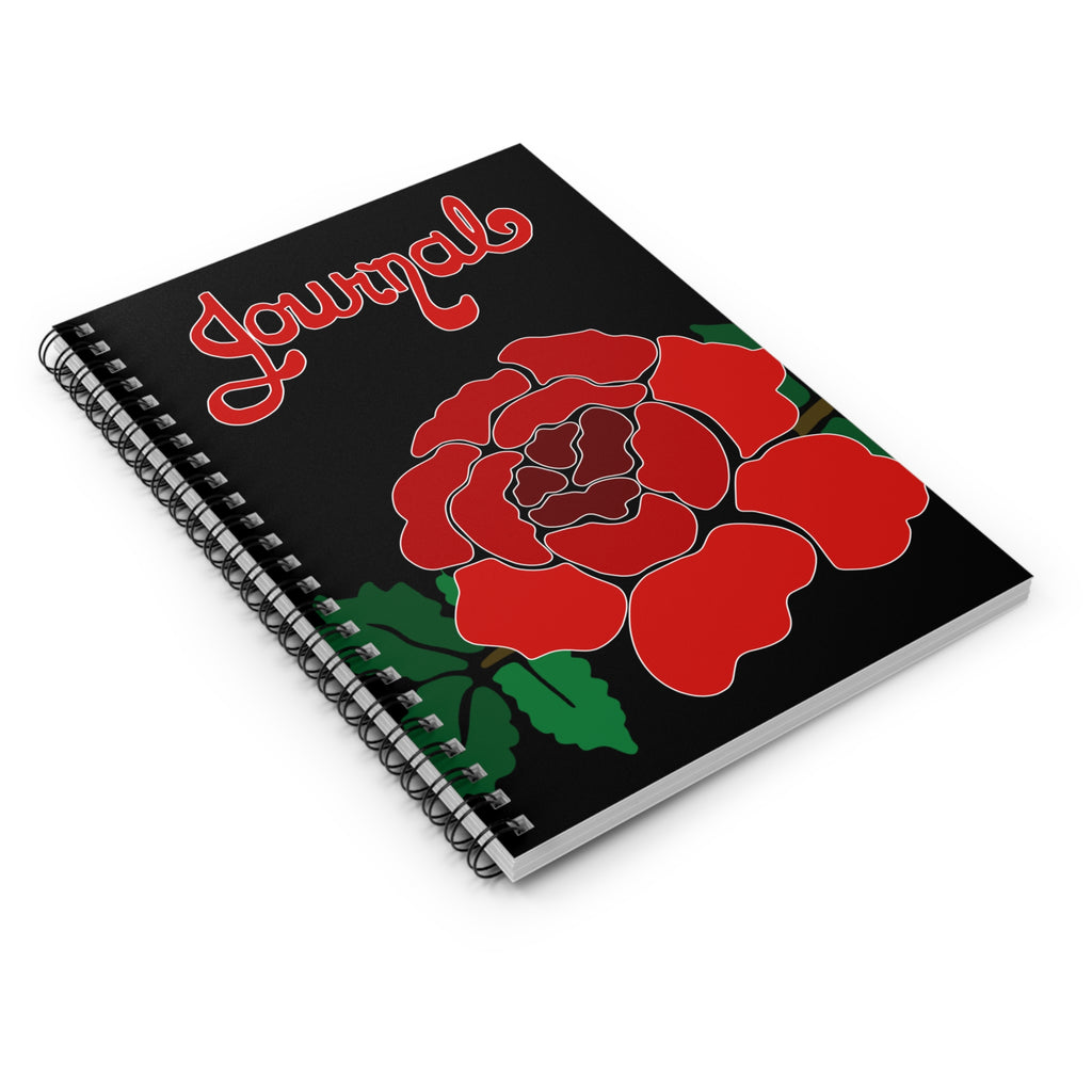 Rose Journal Black — Spiral Ruled Notebook with Red Floral Cover