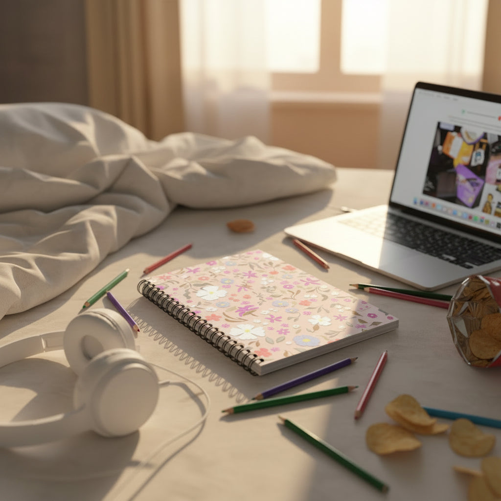 Pink floral art notebook with spiral binding on teen girl's bed.