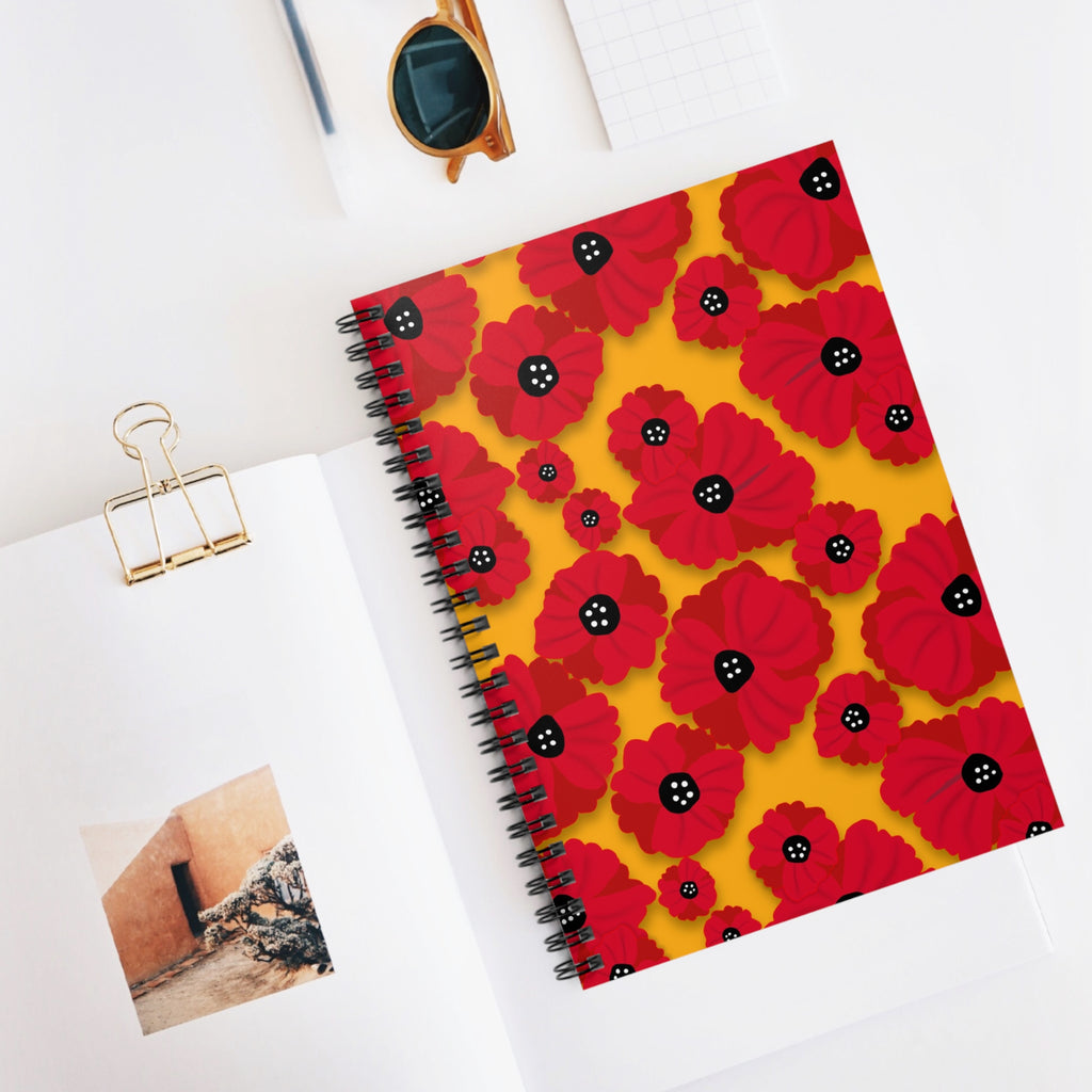 Poppy Pattern Spiral Notebook — Red Floral Ruled Journal