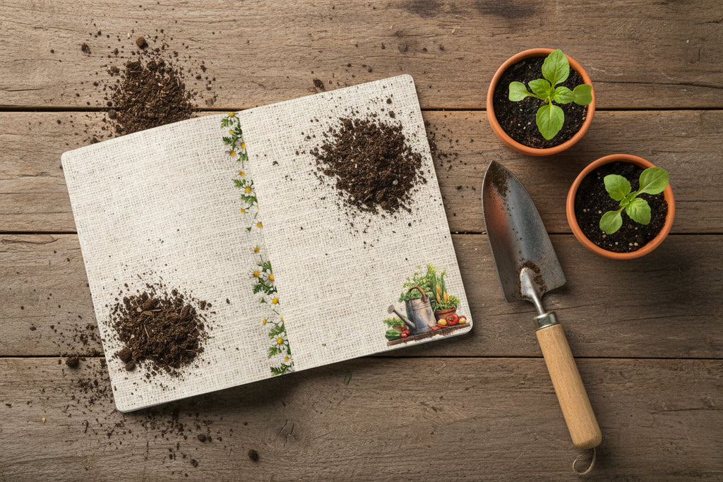 garden journal open with burlap design pages and some garden themed page decorations