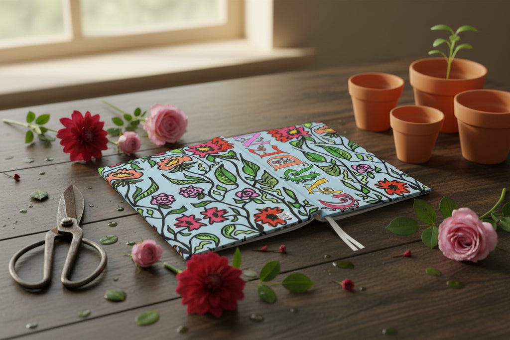 Floral-patterned product with 'Garden' hand lettered title on a light blue background