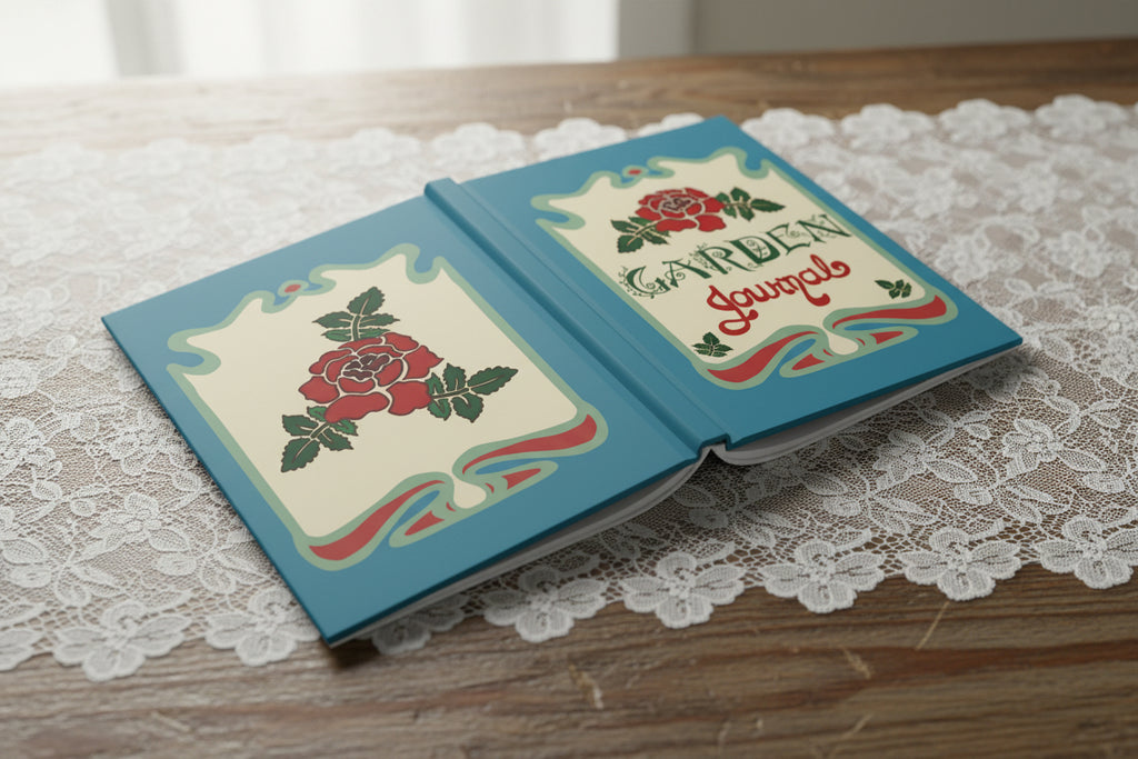 Open book with decorative cover featuring roses and 'Garden Journal' text hand-drawn.