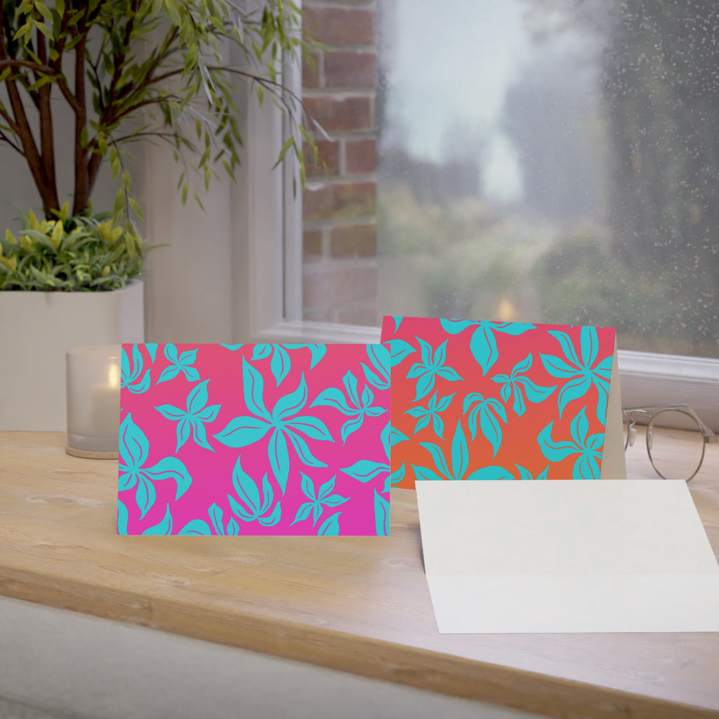 Tropical Floral Greeting Cards — Bright Teal Flowers on Pink-Orange Gradient (Pack of 1/10/30/50)