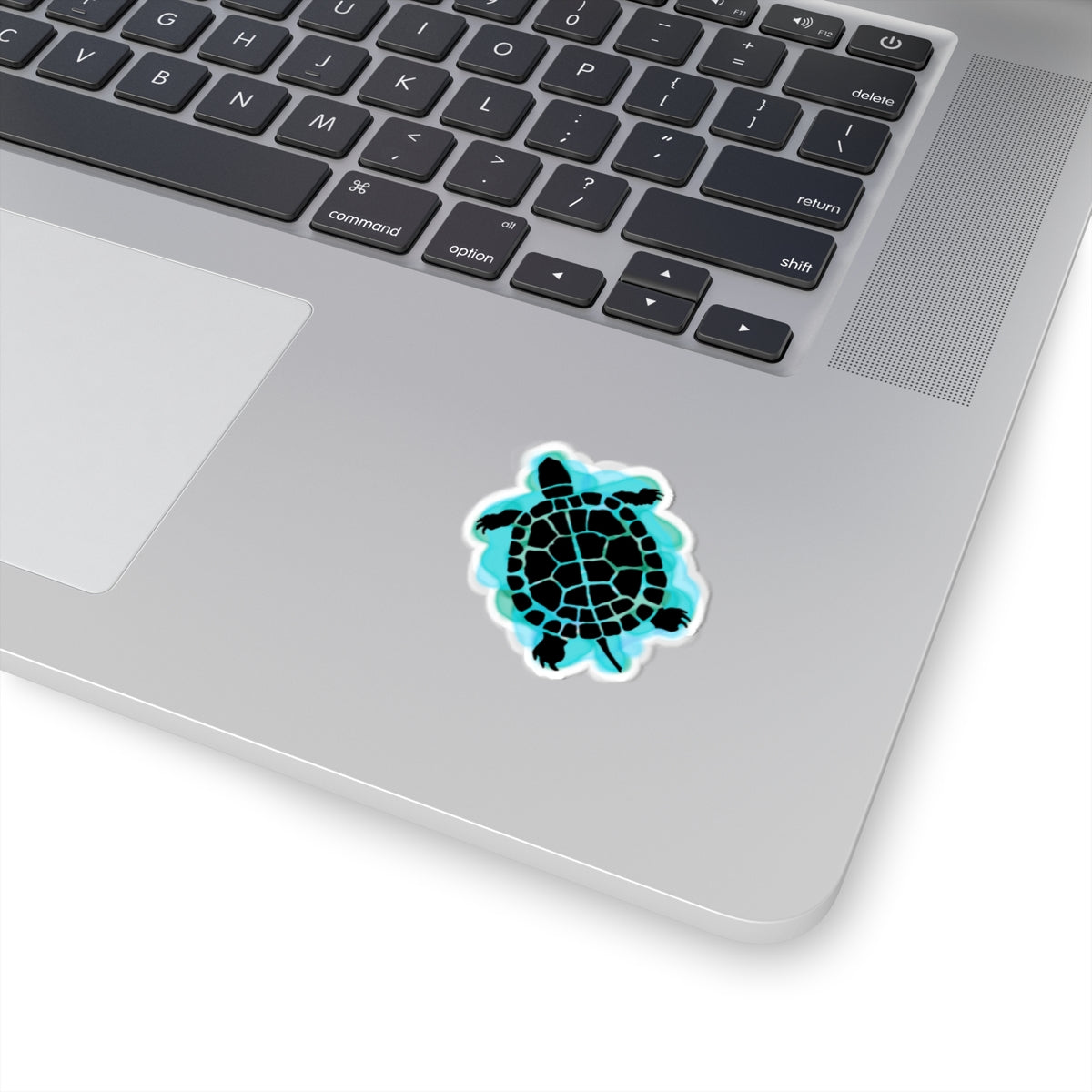 Laptop with a turtle sticker on the palm rest area