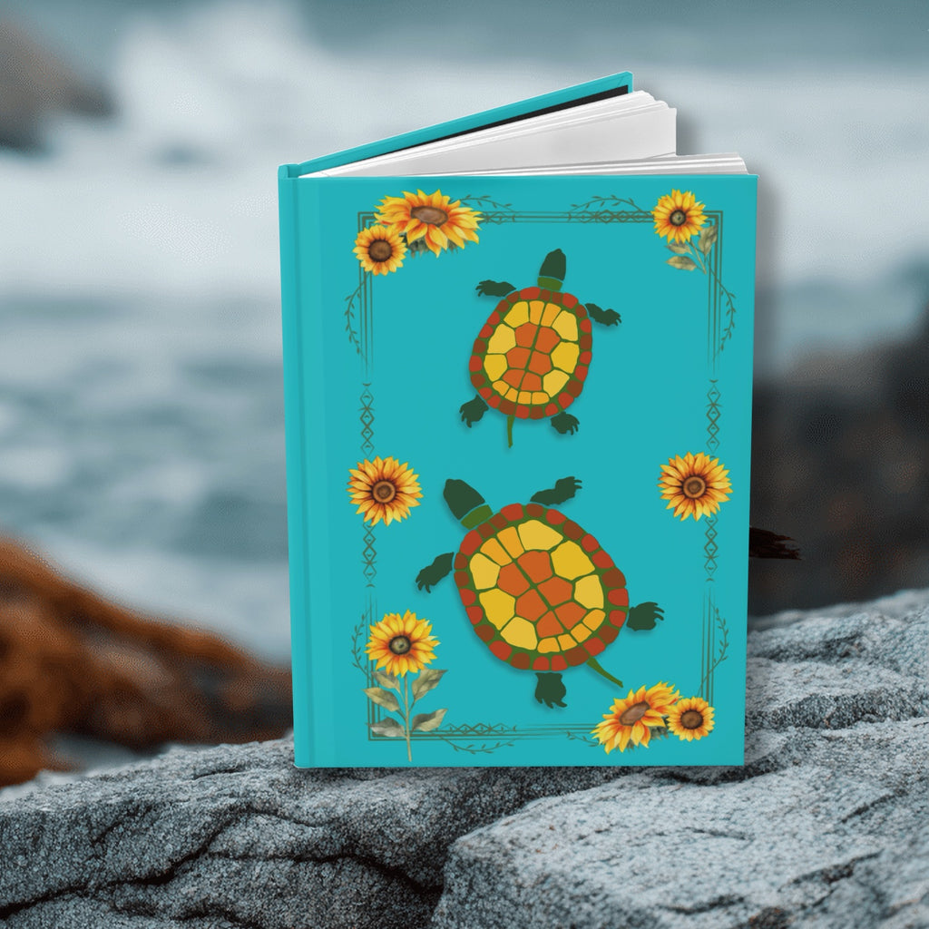 Turtle & Sunflower Hardcover Journal — Bright Teal Notebook for Nature Lovers, Travel Diary & Daily Planner