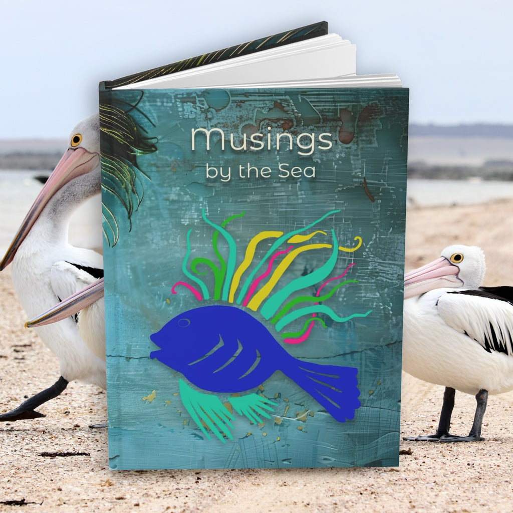 Musings by the Sea Hardcover Journal — Ocean Blue Peacock Feather Notebook for Beach Writing & Travel Notes