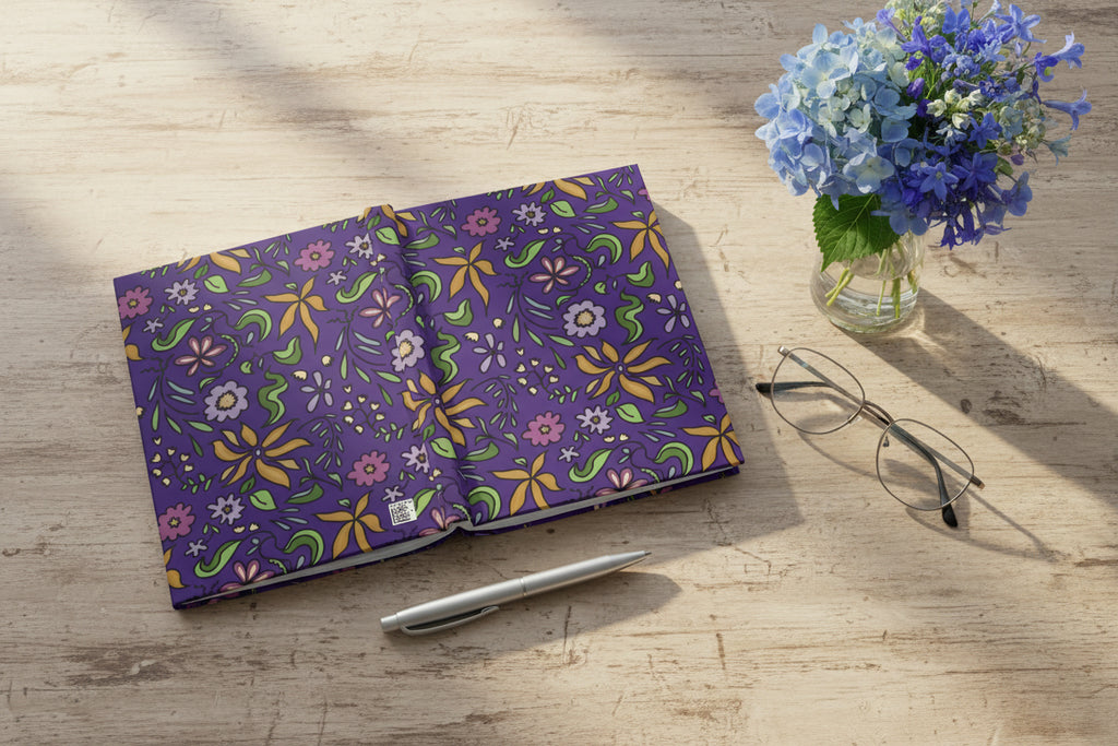 Floral-patterned open journal in dark purple 