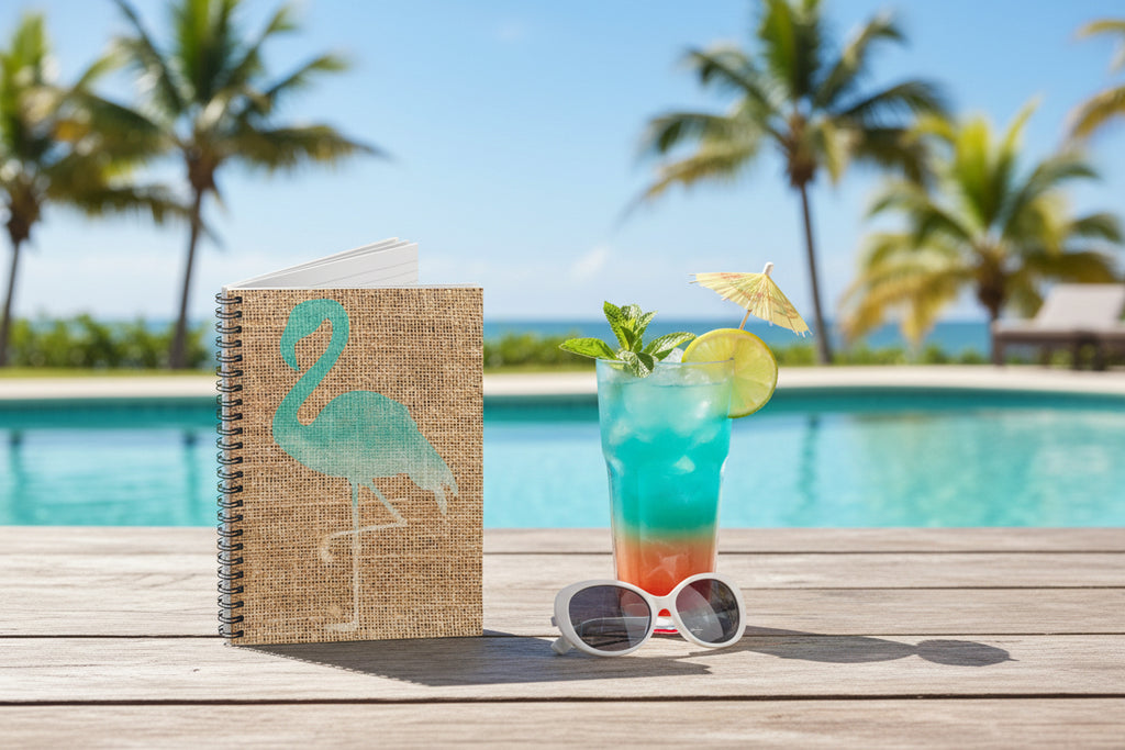 Notebook with a turquoise flamingo design on a burlap texture cover