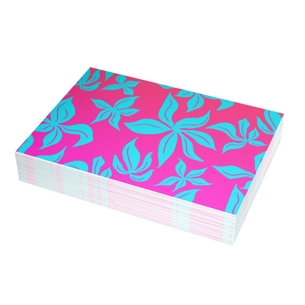 Tropical Floral Greeting Cards — Bright Teal Flowers on Pink-Orange Gradient (Pack of 1/10/30/50)
