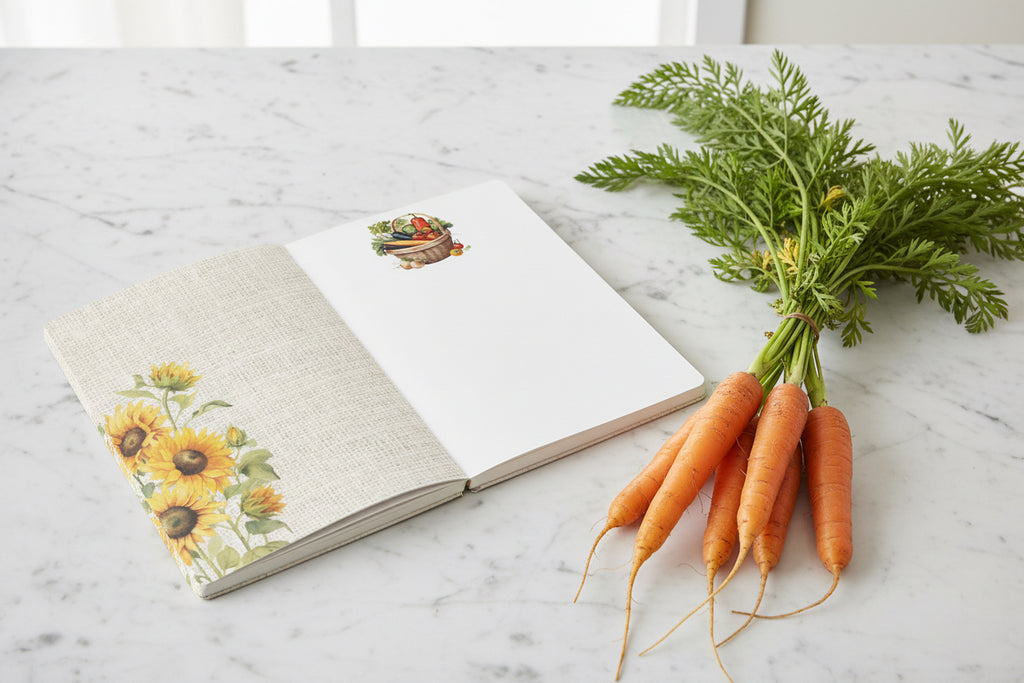 Notebook with sunflower design on one side and vegetable basket illustration on the other, on a white background.