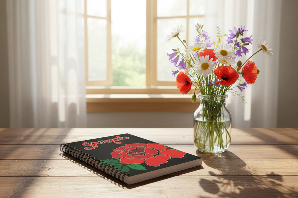 Rose Journal Black — Spiral Ruled Notebook with Red Floral Cover
