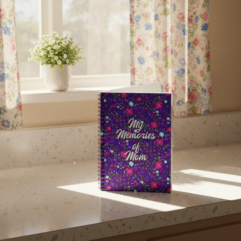 Notebook with floral design and 'My Memories of Mom' text sitting on a kitchen countertop.