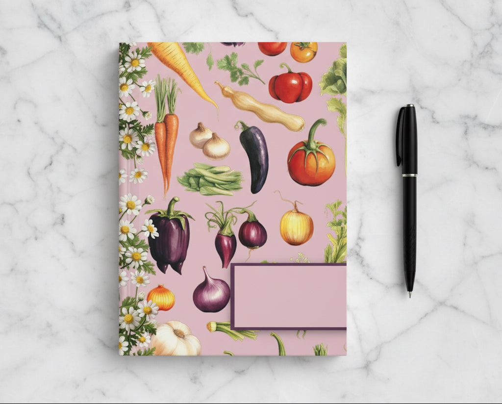 Notebook cover with vintage-style vegetable illustration on a pink background