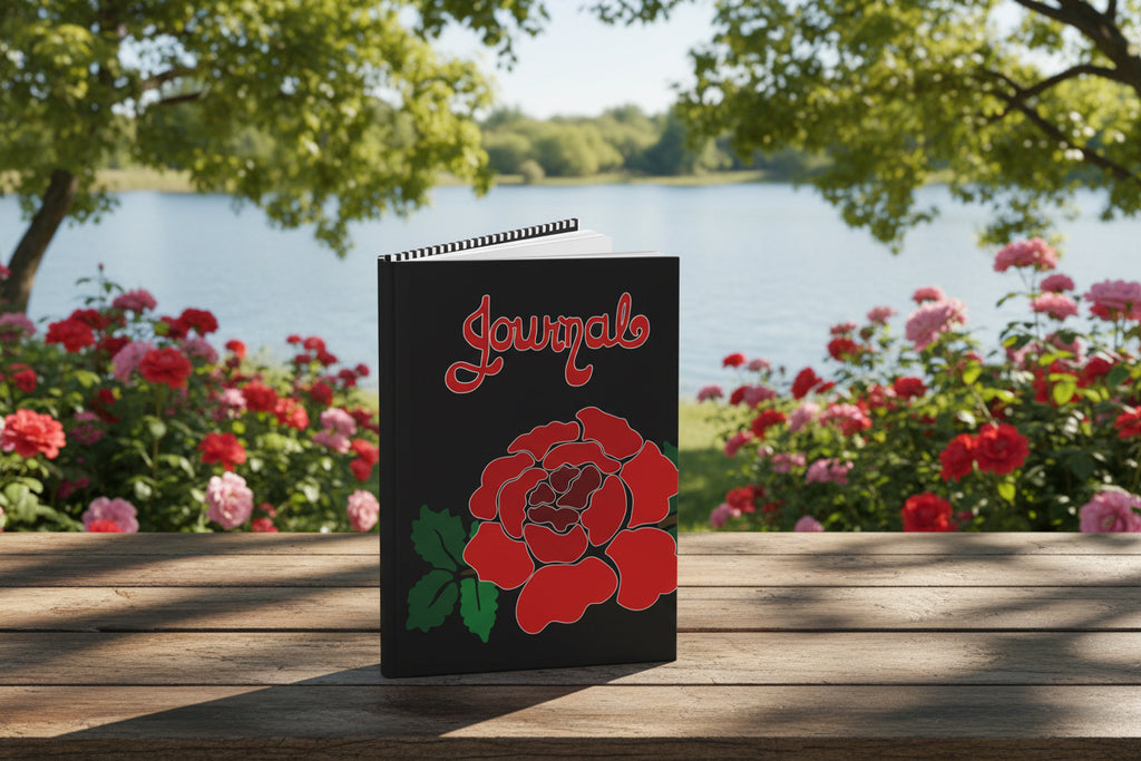 Journal with red rose design on a black background