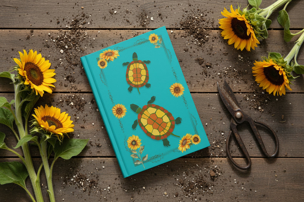 Notebook cover with turtles and sunflowers on a blue background