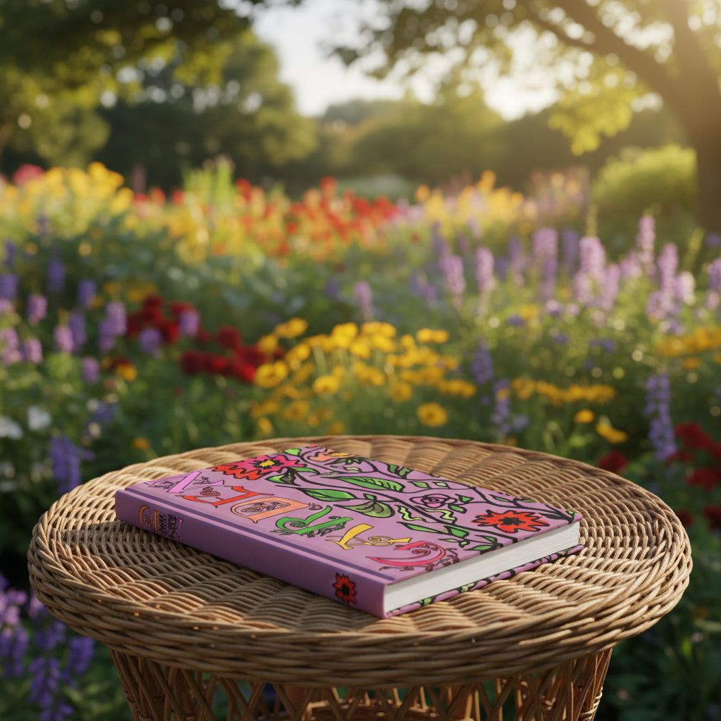 Colorful notebook with floral illustrated design on mauve pink